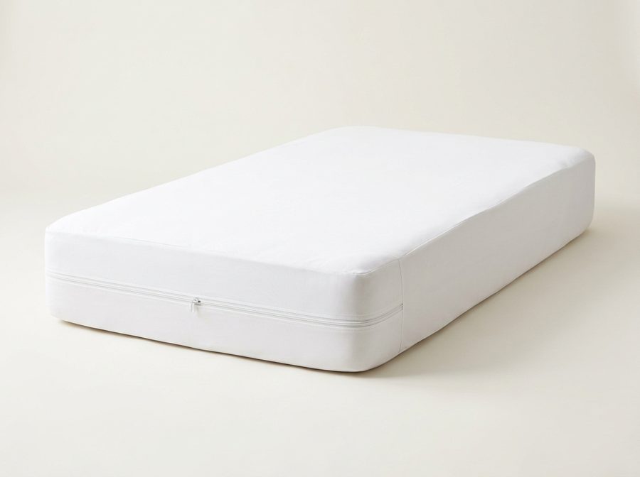 Matelas protégé par une housse blanche
